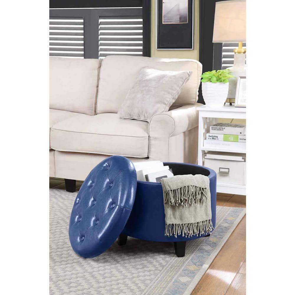 Blue Tufted Faux Leather Round Storage Ottoman