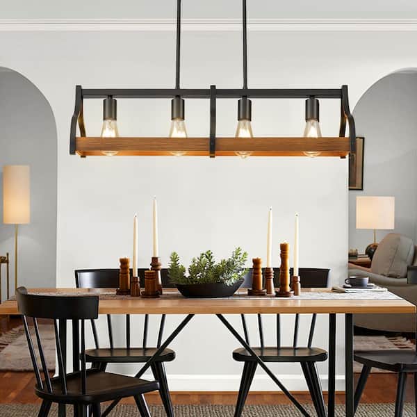 4-Light Black and Brown Iron Frame Farmhouse Hanging Pendant Light 4 Lights Metal Shell Kitchen Island Light