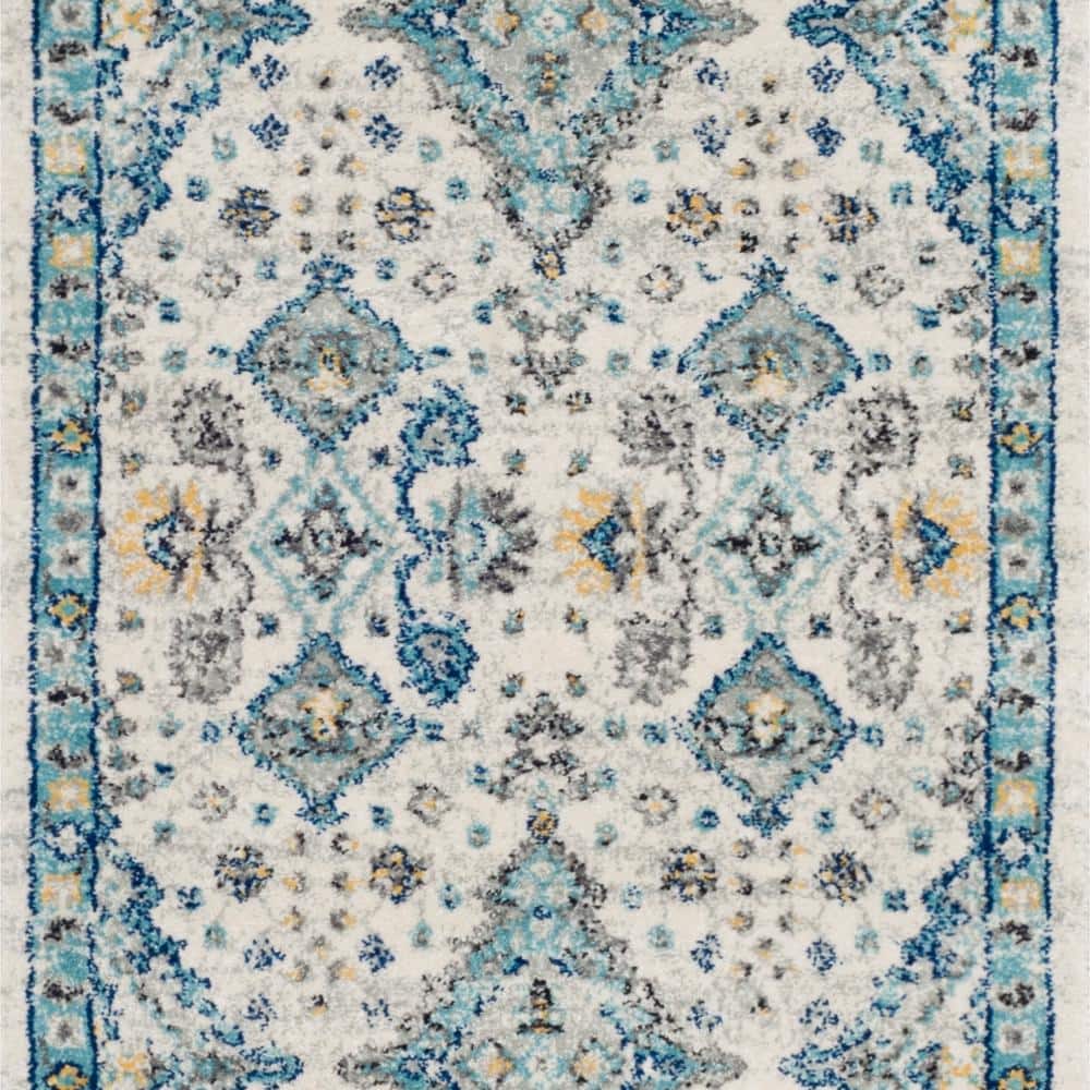 Ivory and Light Blue Synthetic Hand-knotted Runner Rug