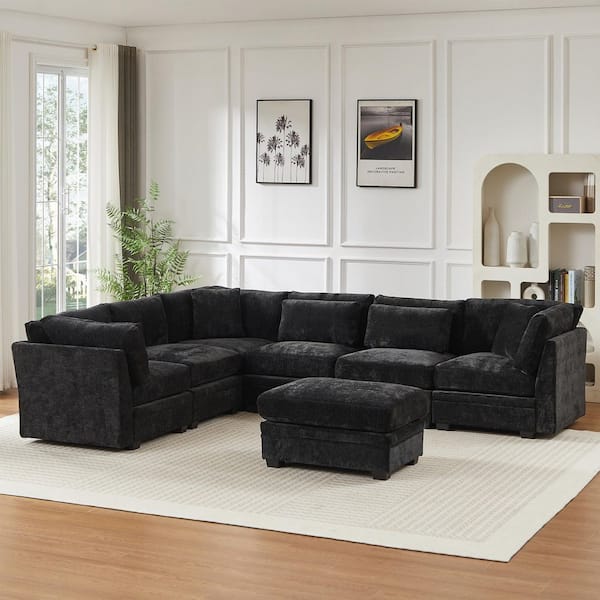 Royce 120 in. Polyester Modular Sectional Sofa in. Black with Ottoman