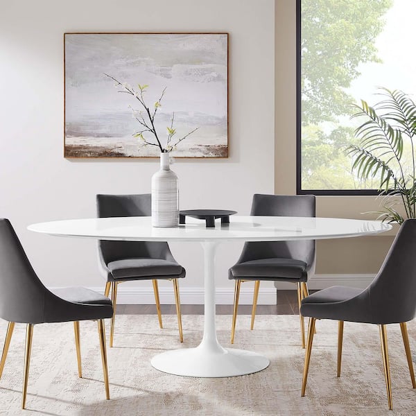 Lippa Oval White MDF Wood 78 in. Metal Pedestal Base Dining Table for 8