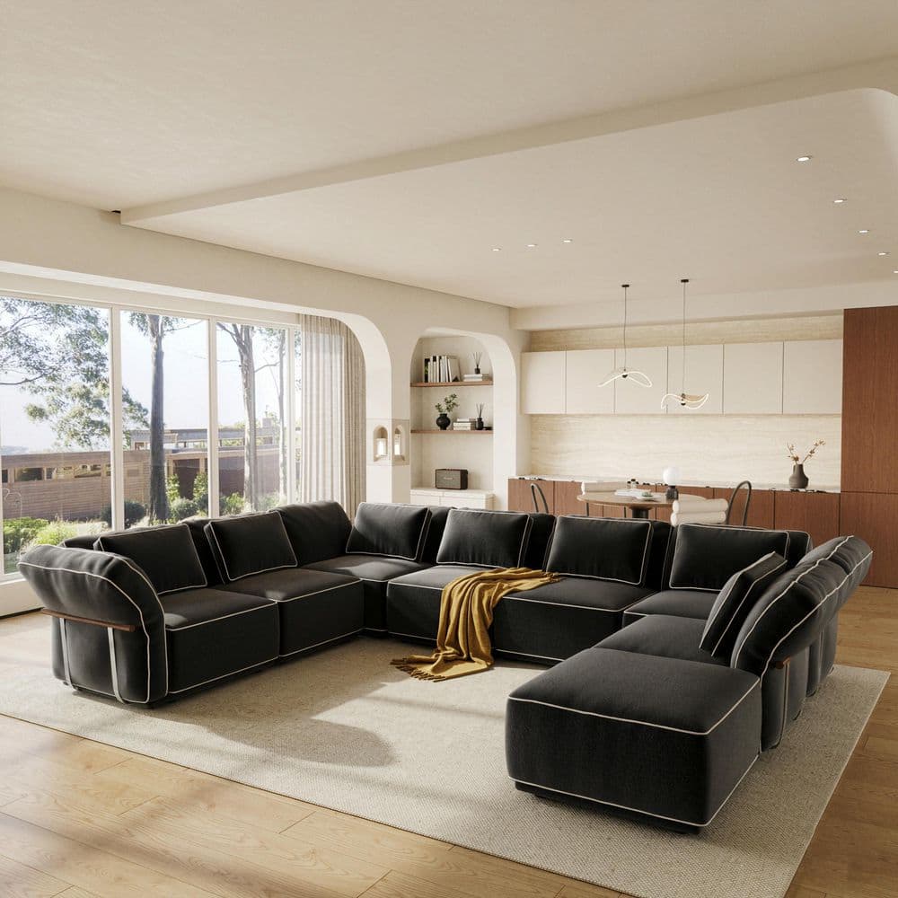 Camelot 163 in. Pillow Top Arm Fabric Modular Sectional Sofa Solid Wood w/ Removable Cover Ottoman in Black