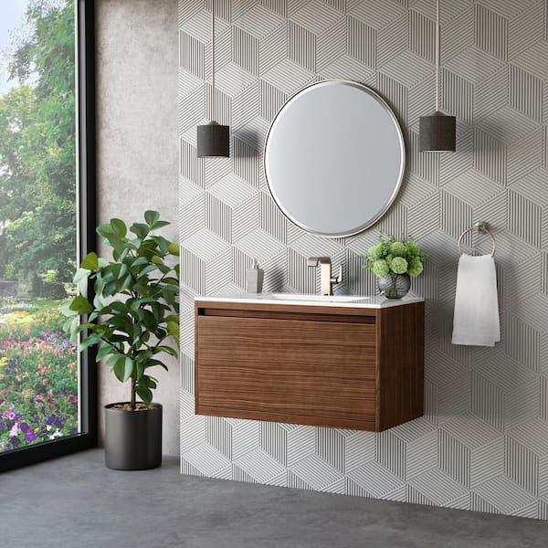 Mantova 35.4 in. W x 18 in. D x 20.6 in. H Single Bathroom Vanity Mid-Century Walnut & Glossy White Composite Stone Top