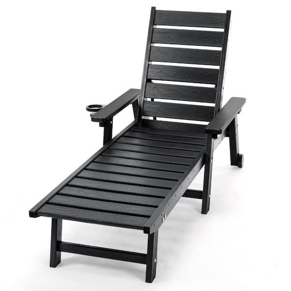 Serene Recline 1-Piece Black HDPE Outdoor Patio Chaise Lounge with Wheels and Adjustable Backrest