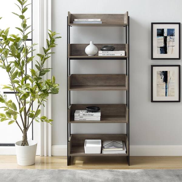 Welwick Designs 64 In Gray Wash Wood, Metal 5 Shelf Bookcase