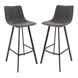 Elland Modern 29.9" Upholstered Leather Bar Stool With Black Iron Legs & Footrest Set of 2 in Grey