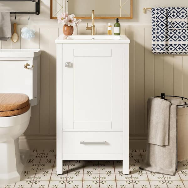 18 in. W Single Sink Freestanding White Bath Vanity with White Ceramic Top and Divider Drawer, Unassembled