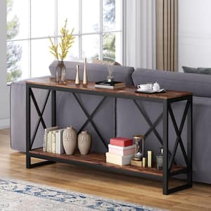 Catalin 70.9 in. Brown Wood Vintage Console Table, Rectangle Sofa Table Narrow Entry Table with Open Storage Shelf