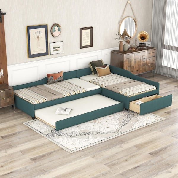 Upholstered Green Twin Daybed with Trundle and Drawer, Convertible Sofa Bed for 3-Sleepers