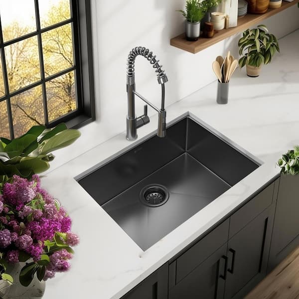 27 in. Undermount Single Bowl 18 Gauge Gunmetal Black Stainless Steel Kitchen Sink with Black Spring Neck Faucet