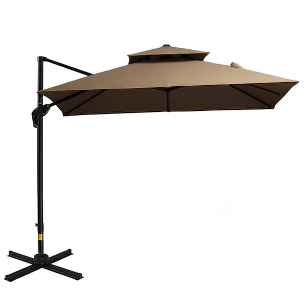 Huluwat 10 ft. Aluminum Cantilever Patio Umbrella in Coffee with 360-degree Rotation, Easy Tilt, 8-Ribs, Crank, Cross Base