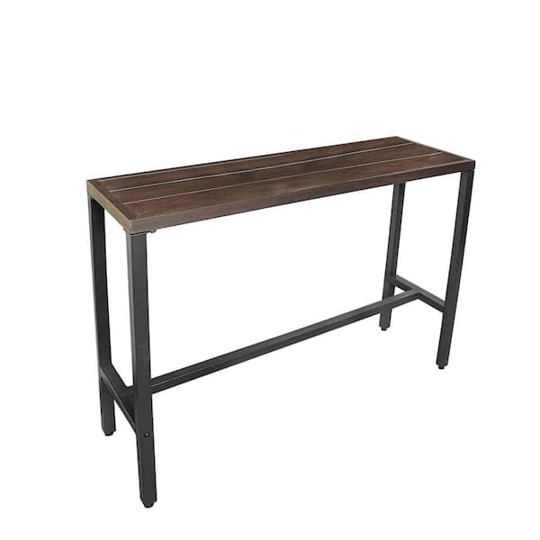 Zeus & Ruta Black Outdoor Bar Table, 45.5 in. x 15 in. x 38 in. Rectangular Wood-Like Metal Counter Height Table for Pub, Garden