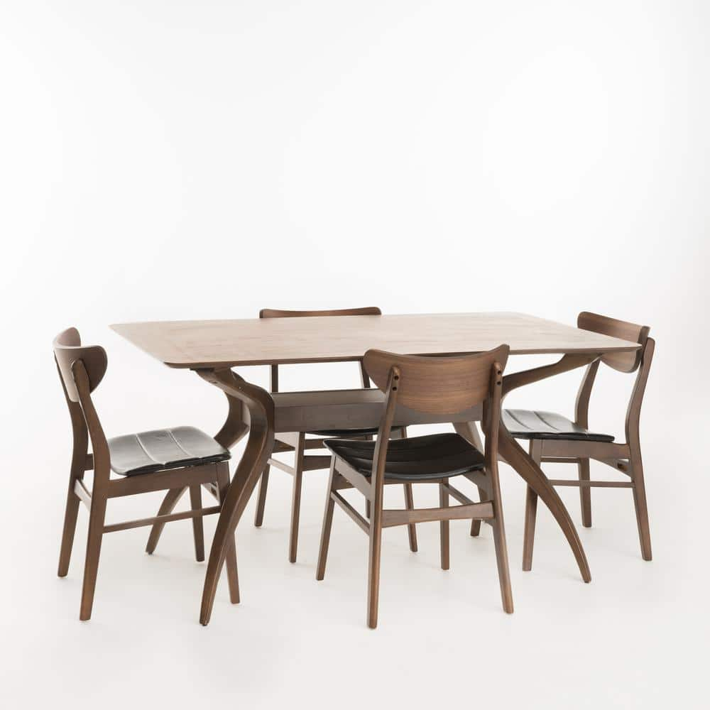 Noble House Anise 5-Piece Dark Brown Leather and Natural Walnut Dining ...