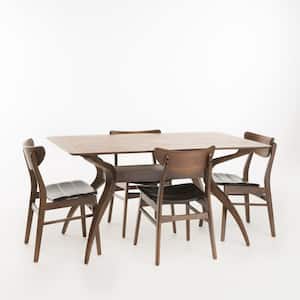 Anise 5-Piece Dark Brown Leather and Natural Walnut Dining Set