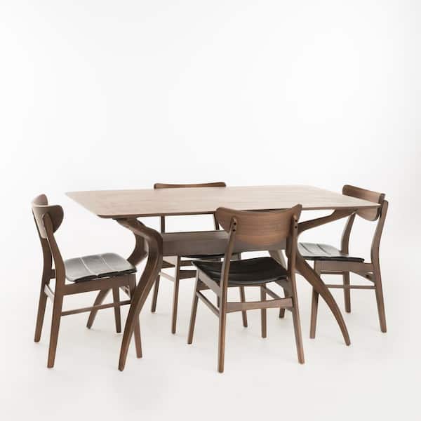 Noble House Anise 5-Piece Dark Brown Leather and Natural Walnut Dining Set