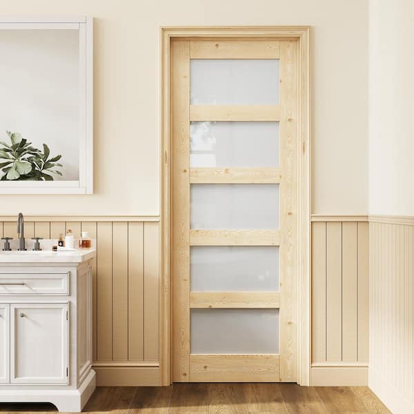 32 in. x 80 in. 5-Lite Frosted Glass Right Solid Core Pine Wood Assembly Required Single Interior Door with Frame Set
