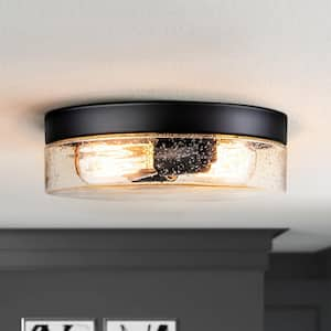 Waveland 2-Light Black 11.2 in. Flush Mount Mid-Century Rustic with Seeded Glass Shade