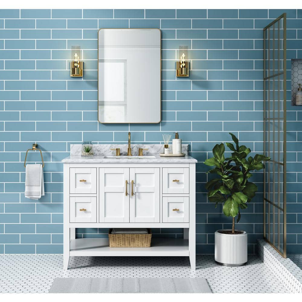 Representative product-family photo: Sturgess 43 in. Single Sink White Bath Vanity with White Carrara Marble Top (Assembled). Pictured option and availability are unverified.