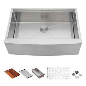 16 Gauge Stainless Steel 33 in. Single Bowl Round Corner Farmhouse Apron Workstation Kitchen Sink with All Accessories