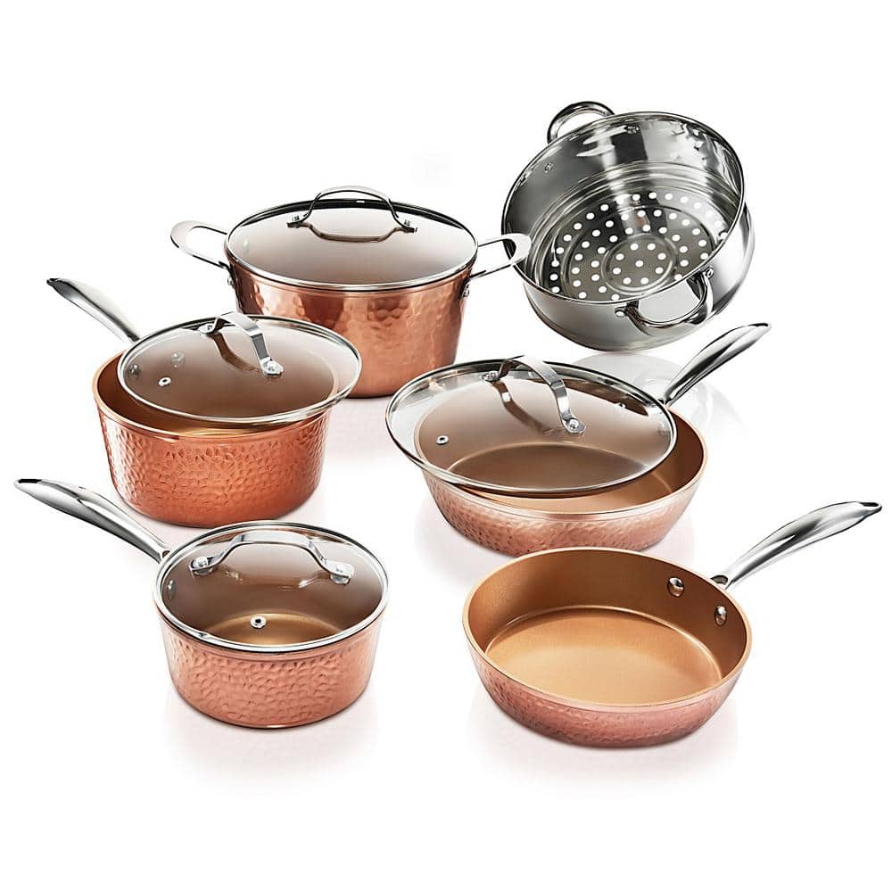 Hammered Copper 10-Piece Aluminum with Glass Lids Non-Stick Cookware Set