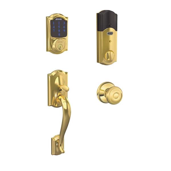 Schlage Camelot Bright Brass Connect Smart Lock with Alarm and Georgian Door Knob Handleset