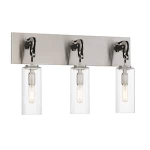 Pullman Junction 21 in. 3-Light Brushed Nickel and Black Vanity Light with Clear Glass Shades