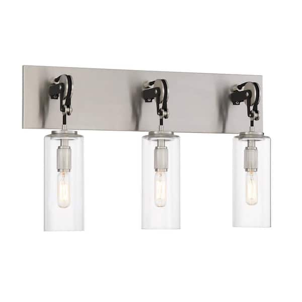 Minka Lavery Pullman Junction 21 in. 3-Light Brushed Nickel and Black Vanity Light with Clear Glass Shades