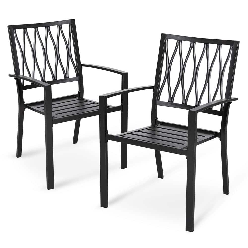 Black Iron Stackable Outdoor Patio Chairs with Lattice Design (2-Pack)