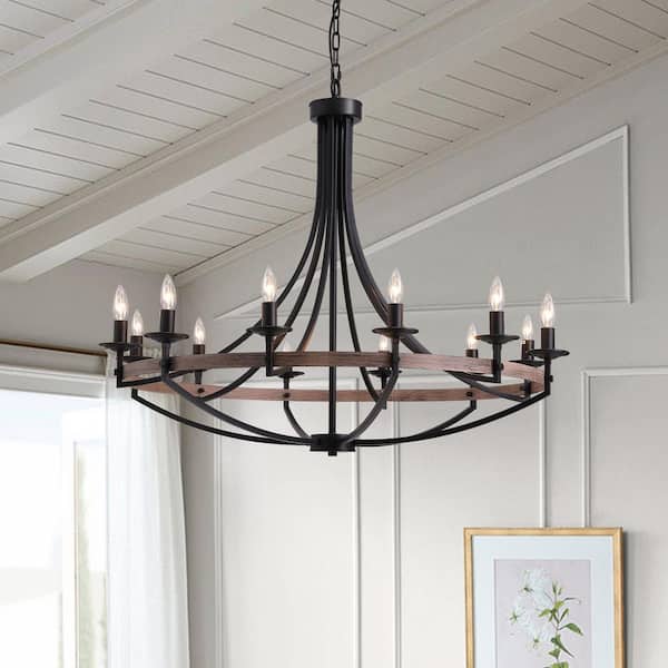41 in. 12-Light Black Framhouse Chandelier for Foyer Dining Room