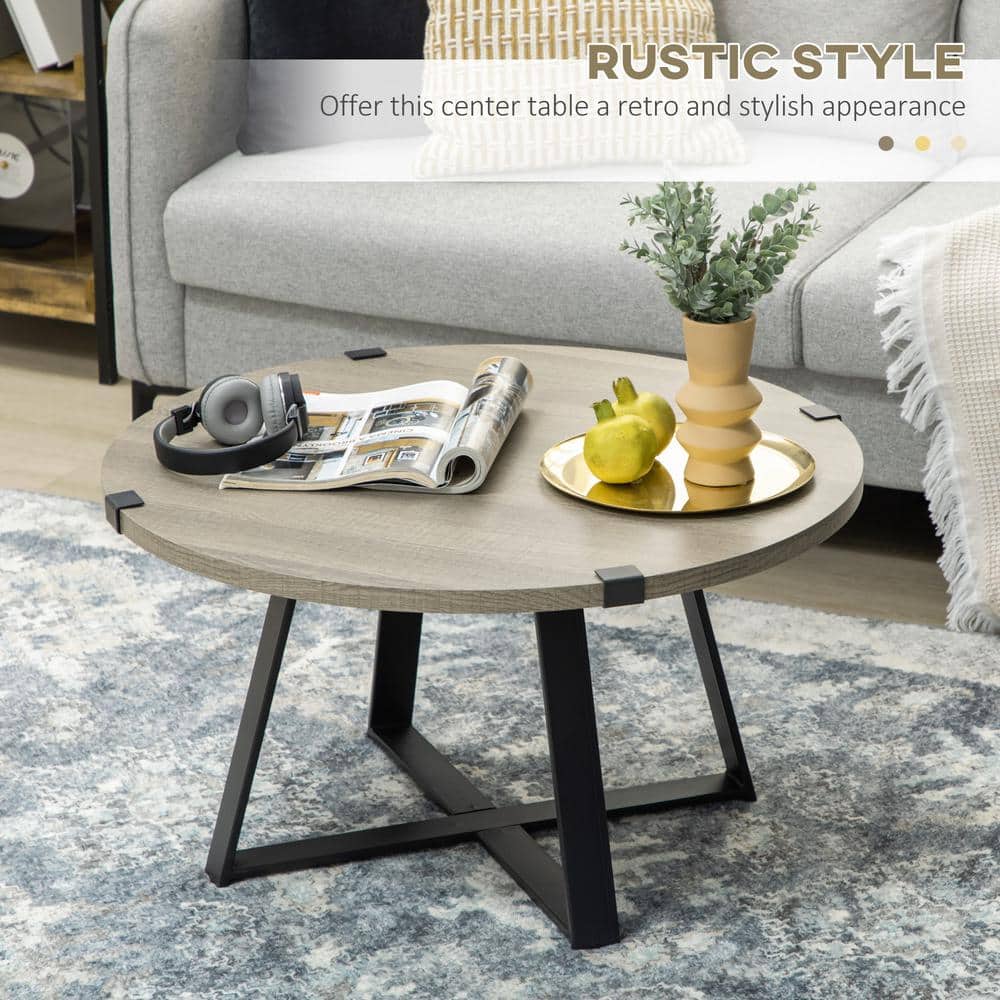Round Light Gray Wood and Metal Coffee Table
