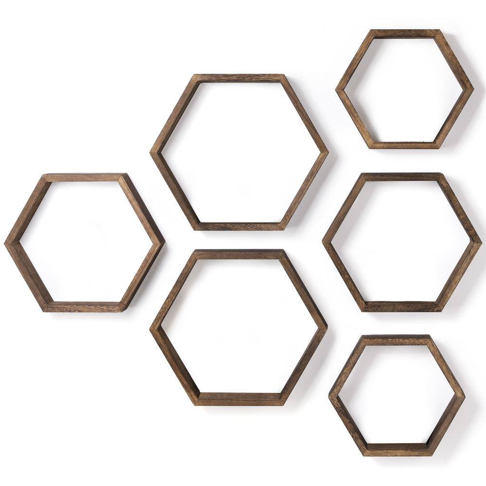 Oumilen Hexagon Floating Shelves Shelves for Wall, Brown Set