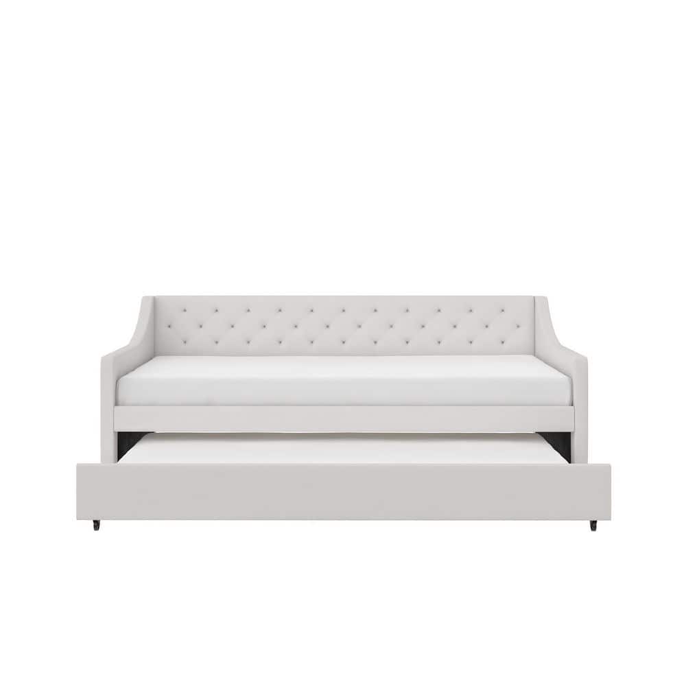 Ivory Linen Twin Daybed with Trundle and Tufted Upholstery