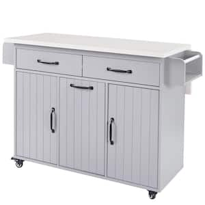 Grey Wooden 51.06 in Kitchen Island with Trash Can Storage Cabinet, Spice Rack, Towel Rack and Drawer, Wheels