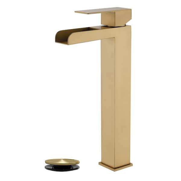 Single Handle Vessel Sink Faucet with Pop-Up Drain, Waterfall Single Hole Tall Bathroom Sink Faucet in Brushed Gold