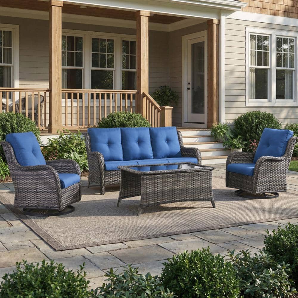 Wellcane 4-Piece Gray Wicker Patio Conversation Set Outdoor Sofa Set with Swivel chair and Olefin Blue Cushions price history on PriceWatchPro