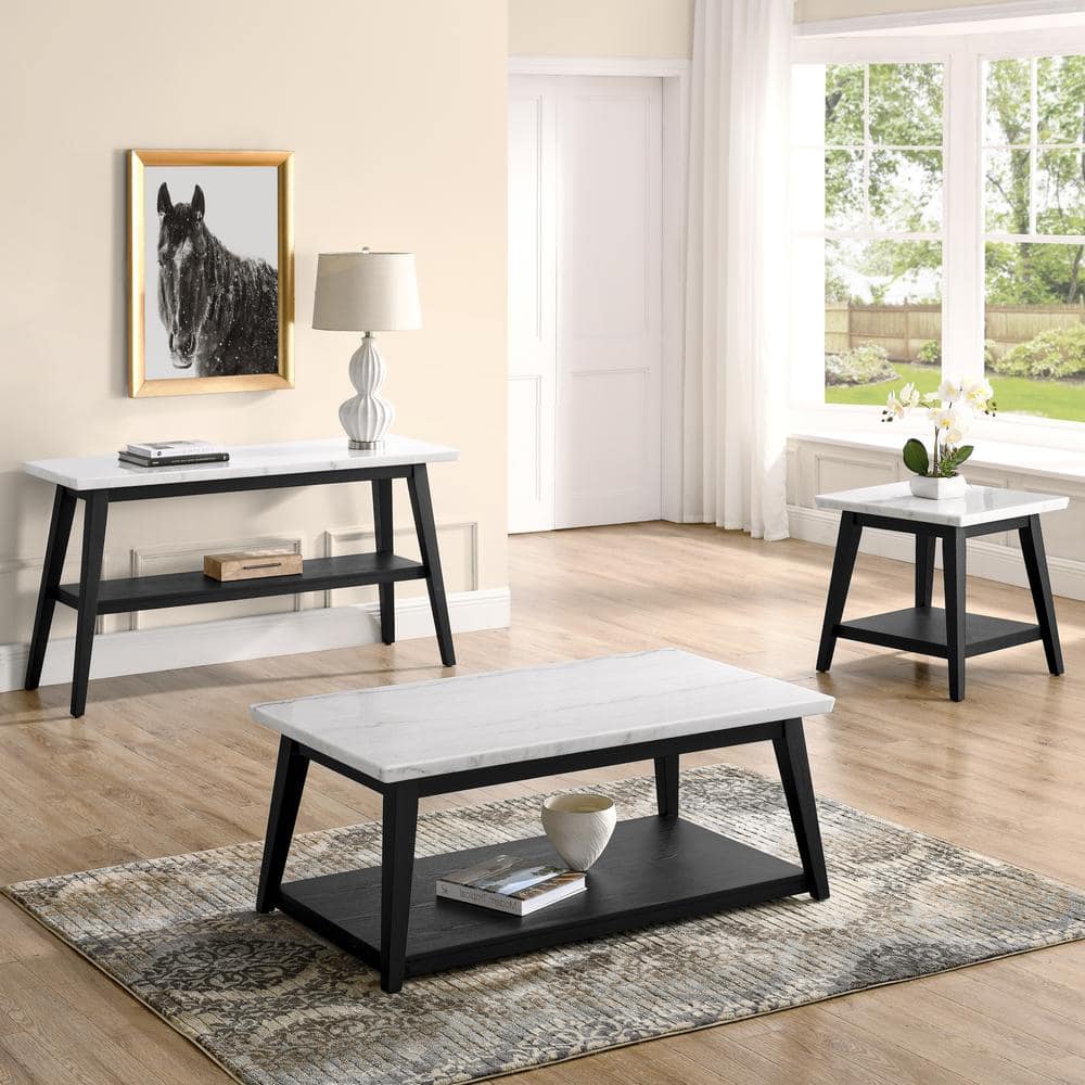 Vida 48" White Marble Top Black Wood Coffee Table