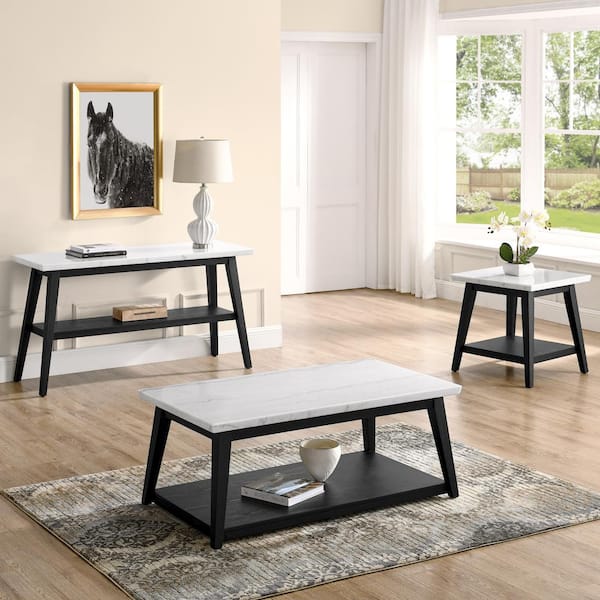 Steve Silver Vida 48 in. White Marble Top Black Cocktail Table with Casters