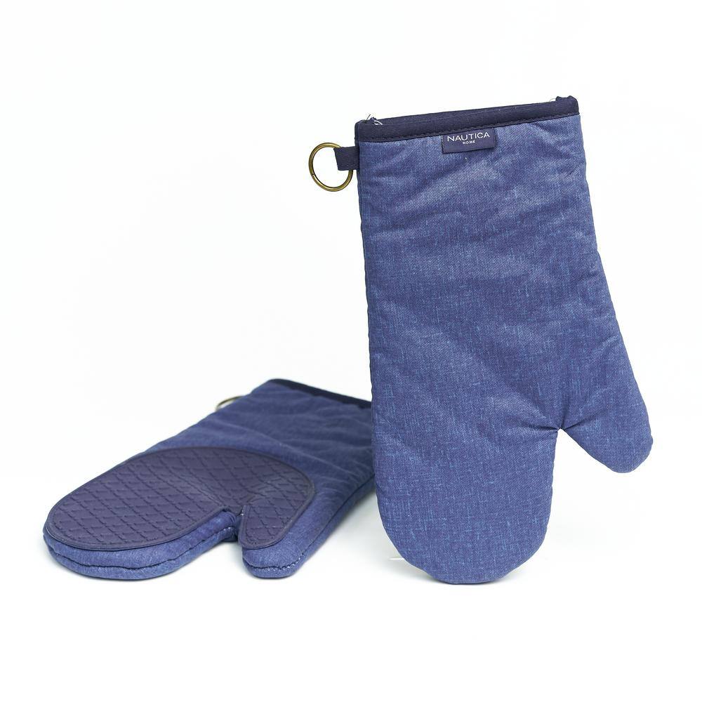 Navy Cotton Oven Mitts with Silicone Palm, Set of 2