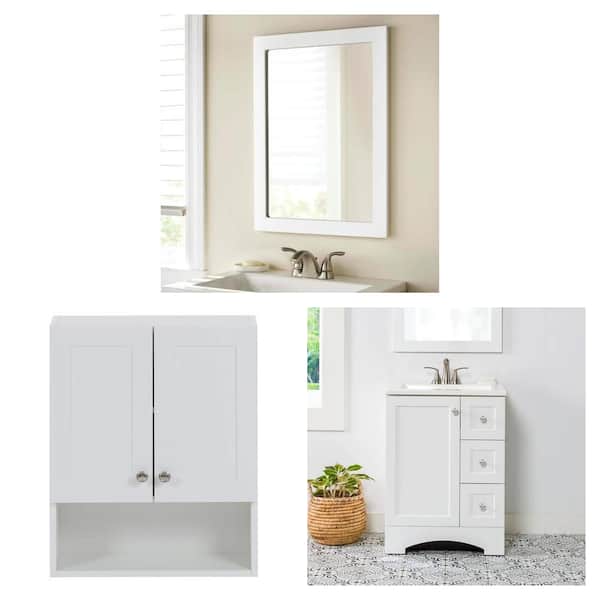 20 in. x 27 in. White Wood Framed Mirror, 21 in. x 8 in. x 26 in. Shaker Cabinet and 25 in. Sink Vanity Combo