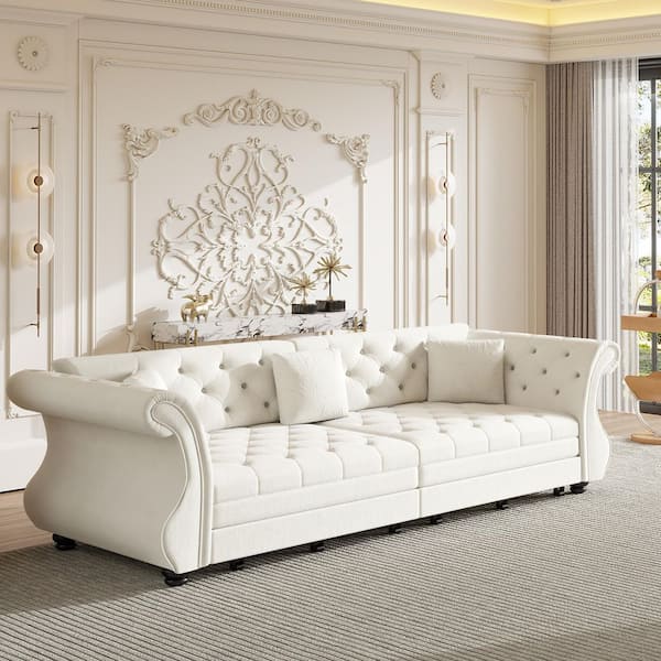 Sharon 97.6 in. Beige White Velvet Upholstery King Size Sofa Bed with Pull-Out Bed, Flower Tufting