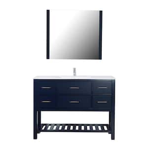 Santa Monica 48 in. W x 18 in. D Bath Vanity in Navy with Ceramic Top in White with White Basin and Mirror