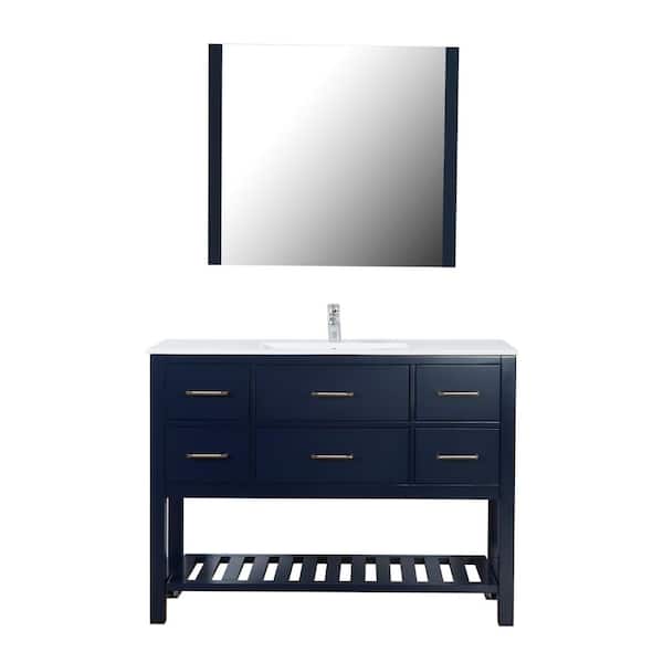 Unbranded Santa Monica 48 in. W x 18 in. D Bath Vanity in Navy with Ceramic Top in White with White Basin and Mirror