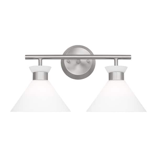 SCOTT LIVING Belcarra 17.25 in. W x 9.125 in. H 2-Light Brushed Steel Bathroom Vanity Light with Etched White Glass Shades