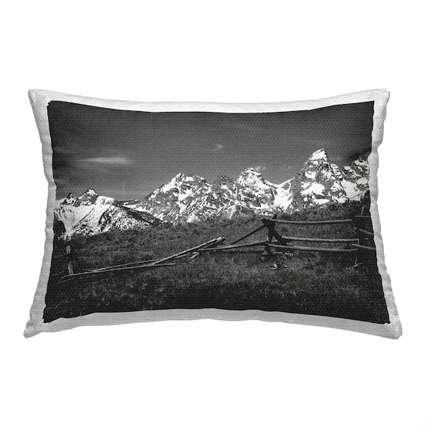 Fence and Mountain Peaks Grey Rectangular Outdoor Throw Pillow