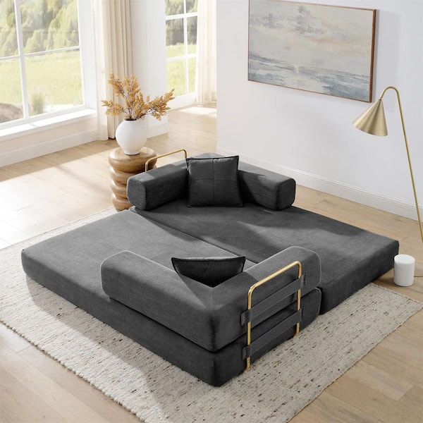 Asucoora 78 in. Grey Corduroy King Size Convertible Sleeper