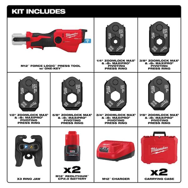 M12 12-Volt Lithium-Ion FORCE LOGIC Press Tool with ONE-KEY and 1/4 in - 7/8 in ZoomLock MAX ACR Pivoting Press Ring Kit
