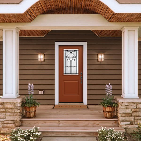 36 in. x 80 in. Left-Hand/Inswing 1/2 Lite Ardsley Decorative Glass Mesa Red Steel Prehung Front Door