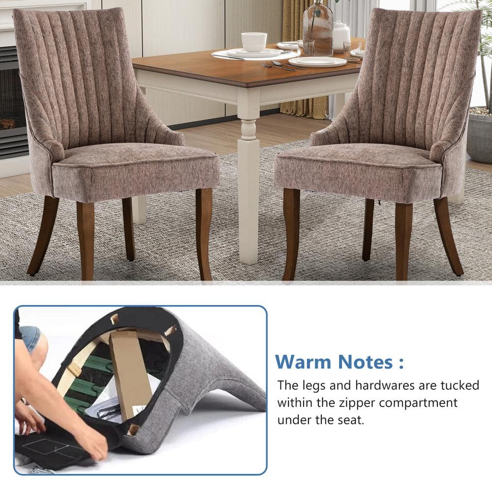Brown Linen High Back Upholstered Dining Chairs with Wood Legs