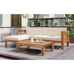 5-Piece Patio Wood Outdoor Backyard Sectional Sofa Seating Group Set with Beige Cushions, Natural Finish