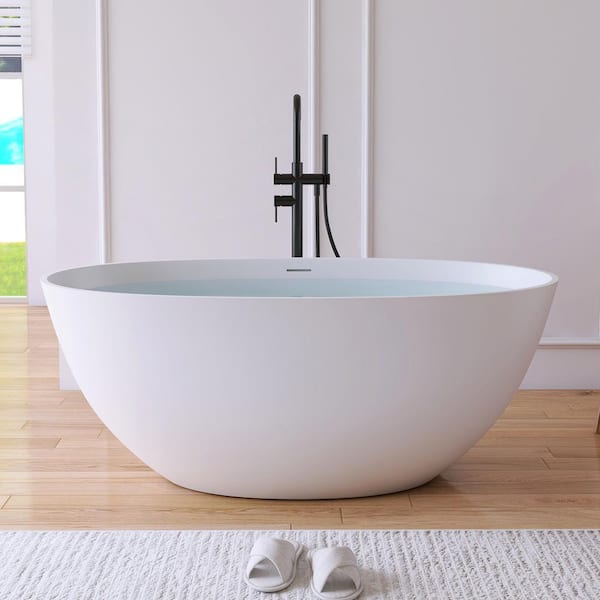 Eaton 55 in. x 29.5 in. Stone Resin Solid Surface Matte Flatbottom Freestanding Soaking Bathtub in White